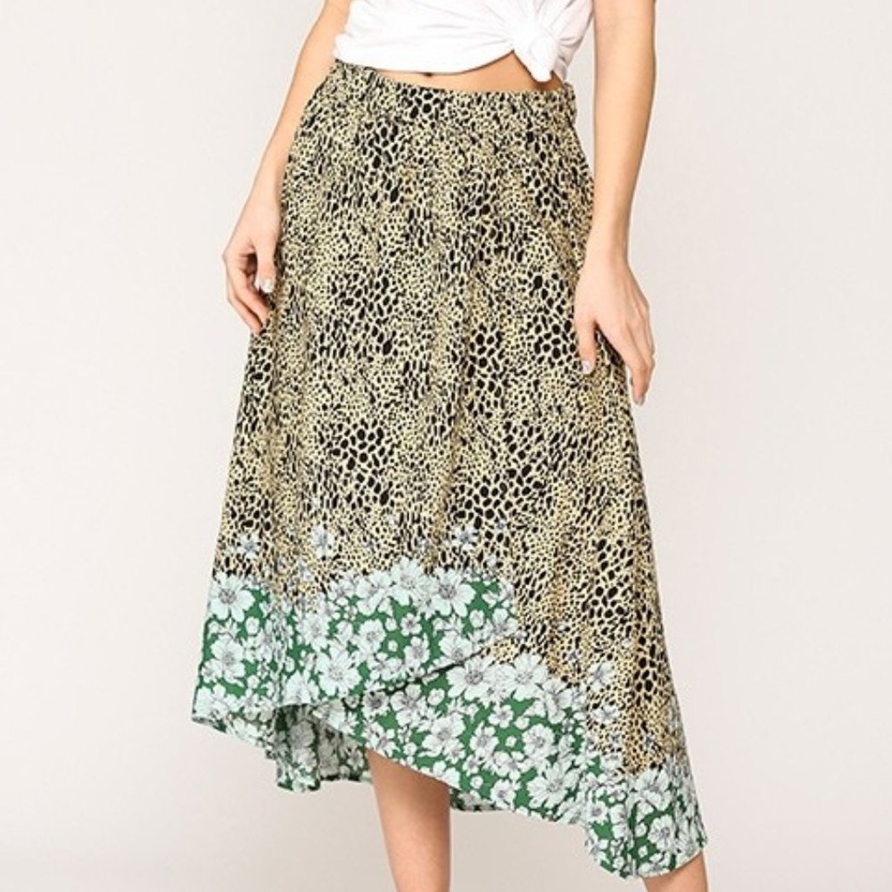 New GIGIO L 12 14 Floral Garden Boho Flowy Elastic Waist Faux Wrap Skirt